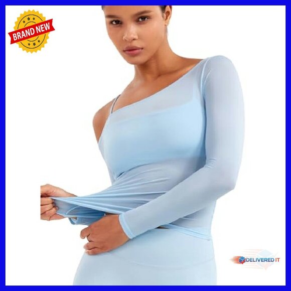 Sheer Long Sleeve Crop Top, One Shoulder Yoga Tee, Quick-Dry Workout - Picture 6 of 8